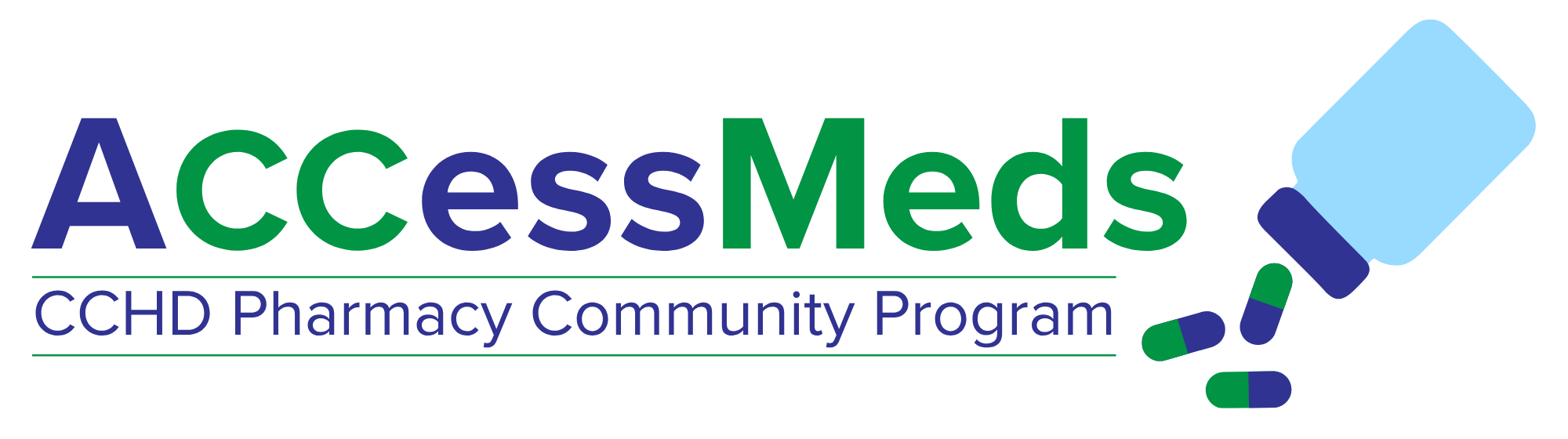 AccessMeds Logo - Blue and green text says AccessMeds: CCHD Pharmacy Community Program with a light blue medicine bottle pouring 3 green and blue pill capsules out to the right of the text.